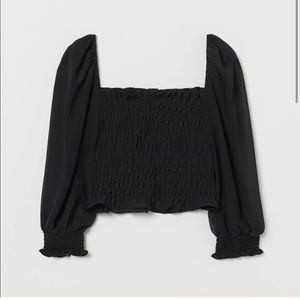 H&M black smocked blouse with puff sleeves
